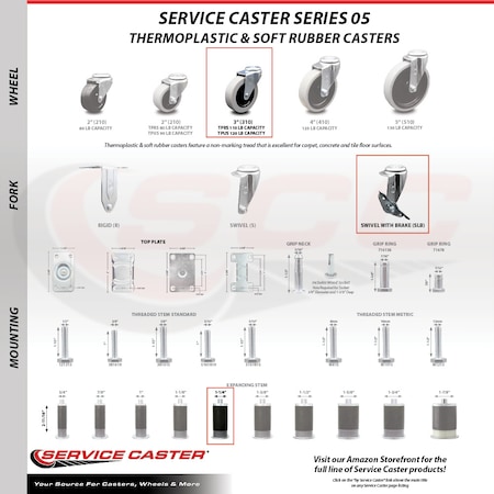 Service Caster 3 Inch Thermoplastic Rubber Wheel 1-1/4 Inch Expanding Stem Caster with Brake SCC-EX05S310-TPRS-SLB-114